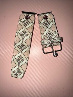 Tory Burch Pink Patterned Leather Watch Strap with Silver-Tone Buckle